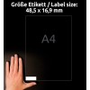 Storleksjämförelse med hand, artikel: 3667, ett ark universaletiketter, format: 48,5 x 16,9 mm, färg: vit.