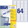 Förpackningsbild med etikettark: Avery Zweckform Universal-etiketter, Artikel: 3667, Format: 48,5 x 16,9 mm, Skrivarpassande: Bläckstråle, Laser s/v, Färglaser, Innehåll: 6.400 etiketter / 100 ark, 64 etiketter/ark.
