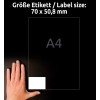 Storleksjämförelse med hand, artikel: 3669, ett ark universaletiketter, format: 70 x 50,8 mm, färg: vit?