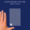 Storleksjämförelse med hand, artikel: 3727, ett ark bokstavsetiketter, format: 85 x 160 mm, färg: guld.