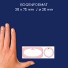 Storleksjämförelse med hand, artikel: 4381, ett ark med rulletiketter, format: ⌀ 38 mm, färg: aprikos, rosa, orange.