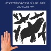Storleksjämförelse med hand, artikel: 4485, ett ark varningfåglar klistermärken, format: 280 x 285 mm, färg: svart.