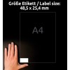 Storleksjämförelse med hand, artikel: 4780-65, ett ark med universaletiketter, format: 48,5 x 25,4 mm, färg: vit?