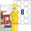 Förpackningsbild med etikettark: Avery Zweckform Runda Etiketter, avtagbara, Artikel: 5081, Format: ⌀ 65 mm, Skrivarkompatibilitet: Bläckstråleskrivare, Laser s/v, Färglaser, Innehåll: 80 etiketter / 10 ark, 8 etiketter/ark.