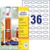 Förpackningsbild med etikettark: Avery Zweckform Ovala Etiketter, avtagbara, Artikel: 5086, Format: 40 x 20 mm, Utskriftslämplighet: Bläckstråleskrivare, Svartvit laserskrivare, Färglaserskrivare, Innehåll: 360 etiketter / 10 ark, 36 etiketter/ark.