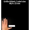 Storleksjämförelse med hand, artikel: 5101, ett ark datoretiketter, format: 88,9 x 23 mm, färg: vit?