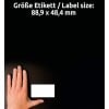 Storleksjämförelse med handen, artikel: 5103, ett ark datoretiketter, format: 88,9 x 48,4 mm, färg: Vit?