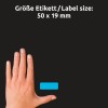 Storleksjämförelse med hand, artikel: 51047, ett ark färgade etiketter, format: 50 x 19 mm, färg: blå, gul, neongrön, neonorange, neonröd.