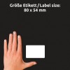 Storleksjämförelse med handen, artikel: 51065, ett ark namnetiketter, format: 80 x 54 mm, färg: vit.