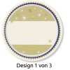 Bilden har en cirkulär design med ett grönt och blått färgschema. Den innehåller dekorativa element som snöflingor och utsmyckade linjer, med ett tomt utrymme i mitten för anpassning. Texten längst ner lyder 'Design 1 von 3'.