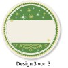 Bilden visar en rund etikett-design med en grön och krämfärgad färgskala. Den har dekorativa element som stjärnor och virvlar, och ett tomt utrymme i mitten för att skriva. Etiketten är märkt 'Design 3 von 3.'
