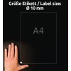 Storleksjämförelse med hand, Artikel: 6221REV-10, ett ark runda etiketter, avtagbara, format: ⌀ 10 mm, färg: vit.