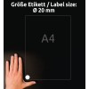 Storleksjämförelse med hand, Artikel: 6222-10, ett ark runda etiketter, format: ⌀ 20 mm, färg: vit.