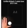 Storleksjämförelse med hand, artikel: 6225-10, ett ark runda etiketter, format: ⌀ 51 mm, färg: vit.