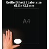 Storleksjämförelse med hand, artikel: 6242-10, ett ark ovala etiketter, format: 63,5 x 42,3 mm, färg: vit.