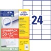 Förpackningsbild med etikettark: Avery Zweckform Universaletiketter, Artikel: 6602, Format: 70 x 36 mm, som är lämplig för: Bläckstråleskrivare, svartvit laserskrivare, färglaserskrivare, Innehåll: 1 560 etiketter / 65 ark, 24 etiketter/ark.