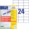 Förpackningsbild med etikettark: Avery Zweckform Universaletiketter, Artikel: 6605, Storlek: 70 x 37 mm, Skrivarerbjudande: Bläckstråle, Laser svart/vit, Färglaserskrivare, Innehåll: 1 560 etiketter / 65 ark, 24 etiketter/ark.