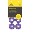 Bilden visar ett paket med inspektionsetiketter för år 2028, med varumärket Avery. Etiketterna är runda och har siffran 28 tydligt synlig.