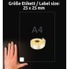 Storleksjämförelse med hand, artikel: A1933083, ett ark med rulletiketter, format: 25 x 25 mm, färg: vit?