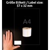 Storleksjämförelse med hand, artikel: A1933084, ett ark med rulletiketter, format: 32 x 57 mm, färg: vit.