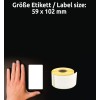Storleksjämförelse med hand, artikelnummer: A1933088, ett ark rulletiketter, format: 59 x 102 mm, färg: vit.