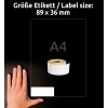 Storleksjämförelse med hand, Artikel: ASS0722400, ett ark rulletiketter, Format: 36 x 89 mm, Färg: Vit.