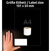 Storleksjämförelse med handen, artikel: ASS0722430, ett ark med rulletiketter, format: 54 x 101 mm, färg: vit.