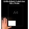 Storleksjämförelse med hand, artikel: B3427-50, ett ark ultraresistenta folietiketter, format: 105 x 74 mm, färg: vit?