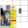 Förpackningsbild med etikettark: Avery Zweckform Ultra-Resistenta Folieetiketter, Artikel: B3427-50, Format: 105 x 74 mm, Utskriftslämplighet: Laser s/v, färglaser, Innehåll: 400 etiketter / 50 ark, 8 etiketter/ark.