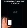 Storleksjämförelse med hand, artikel: B5274-50, ett ark ultrabeständiga folieetiketter, format: 52 x 74 mm, färg: vit.