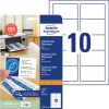 Förpackningsbild med kartark: Avery Zweckform Classic visitkort, Artikel: C32010-10, Format: 85 x 54 mm, Tryckmöjligheter: Bläckstråle, Färglaser, Svartvit laser, Kopiator, Innehåll: 100 kort / 10 ark, 10 kort/ark.