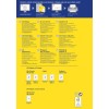 Bilden visar information om CD-fodralinsatser och etiketter, inklusive design- och utskriftsalternativ. Den finns tillgänglig på flera språk med detaljer om produktspecifikationer, skrivarkompatibilitet och beställningsinformation.