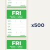 Bilden visar etiketter utformade för organisation, med angivelse av 'FRI' och relaterade informationssektioner, med ett antal av 'x500'. Etiketterna har ett grönt färgschema.