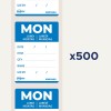 Bilden visar avtagbara etiketter med ordet 'MON' i stora bokstäver, tillsammans med sektioner för datum, artikel, mängd, namn och en notering som anger 'x500'.