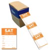 Bilden visar en låda med Avery-etiketter med en orange design. Etiketterna inkluderar sektioner för datum, vara, kvantitet, namn och användas senast, och ordet 'LÖR' visas framträdande.