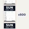 Bilden visar etiketter från Avery, märkta med 'SUN' och utrymme för datum, objekt, mängd, namn och bäst före. Den innehåller flera etiketter och anger totalt 500 stycken.