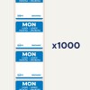 Bilden visar en stapel avtagbara etiketter för måndag på flera språk, med en total mängd av 1000 etiketter. Varje etikett har en blå design och Avery-logotypen.