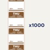 Bilden visar ett ark med avtagbara etiketter med texten "TOR" och översättningar på flera språk. Det finns flera etiketter på arket och en anteckning med texten "x1000".