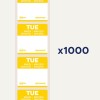 Bilden visar ett ark med avtagbara etiketter för tisdag på flera språk inklusive engelska, tyska, franska och danska, med en anteckning som säger att det finns 1000 etiketter.
