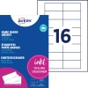 En bild av förpackningen för Avery namnskyltsinsatser. Den innehåller information om utskrivbara namnskyltar och visar en layout för 16 insatser per ark.