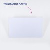 Bilden visar en bit transparent plast med en etikett som säger 'TRANSPARENT PLAST' ovanför, vilket anger dess material.