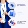 Bilden visar en kvinna i en blå kavaj som håller ett korthållare med ett synligt namn och titel. Omgivande bilder visar korthållare, insatser och information om design- och utskriftsalternativ.