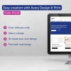 Bilden visar en datorskärm som visar instruktioner för att använda Avery Design & Print. Stegen inkluderar att ange en programkod, välja eller skapa en design och skriva ut med kopplad utskrift.