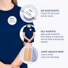 En bild som visar Avery-namnskyltar, med en kvinna i en marinblå t-shirt som bär en rund namnskylt, samt beskrivningar av produktens egenskaper inklusive klimatneutralitet och självadhesiv kvalitet.