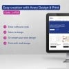 Bilden visar en datorskärm med Avery Design & Print-webbplatsen. Den framhäver en kod för enkel etikettframställning och visar steg för att använda programvaran. Stegen inkluderar att ange en kod, välja en design, skapa en design och skriva ut med koppla dokument.