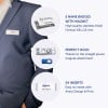 Bilden visar en person som bär en blazer med ett namnmärke. Den innehåller detaljer om namnmärken med magnetfäste och visar olika funktioner såsom antal märken, insättningsalternativ och magnetstyrka.