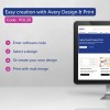 Bilden visar instruktioner för att använda programvaran Avery Design & Print, inklusive steg för att ange en programkod, välja eller skapa en design och skriva ut med mail merge.