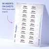 Bilden visar ett ark med Avery-insatsetiketter med namnet 'Paul Meyer'. Det finns totalt 90 insatser på arket, organiserade i rader och kolumner, och en anteckning som indikerar möjligheten att skriva ut egna insatser.