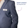 Bilden visar en person som bär en marinblå blazer med en namnskylt som lyder 'Paul Meyer' och logotypen 'Avery.' Texten lyder 'SMART & ROBUST För långvarig användning.'