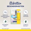 Bilden visar ett produktpaket för Avery CD-etiketter, där funktioner som enkel design med ett onlineverktyg, hållbart papper och att det är tillverkat i Tyskland lyfts fram.